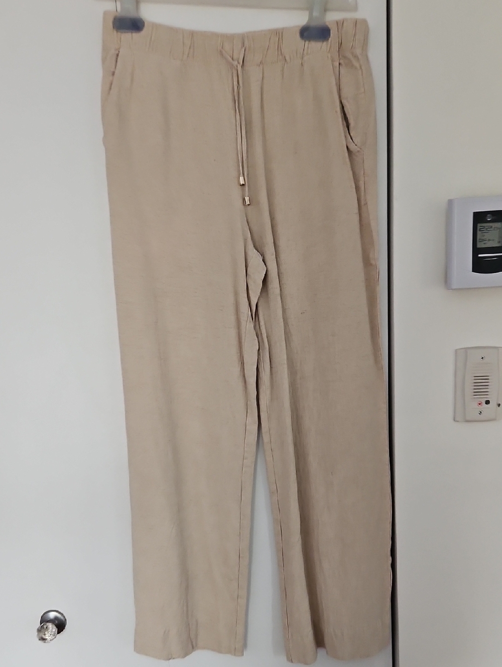 Women's Straight Leg Drawstring Linen Pants in Beige